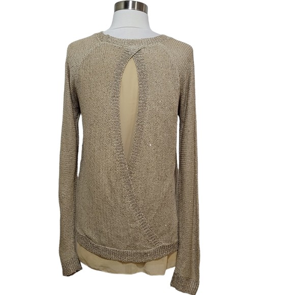 Sioni Women's Beige Metallic Sequin Long Sleeve Open Knit Sweater Size Small - Picture 4 of 9